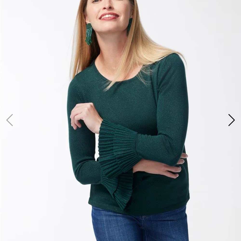 Chico’s Lurex Pleat Sleeve Pullover Sweater Emerald Green Shimmery Size M - Picture 1 of 11